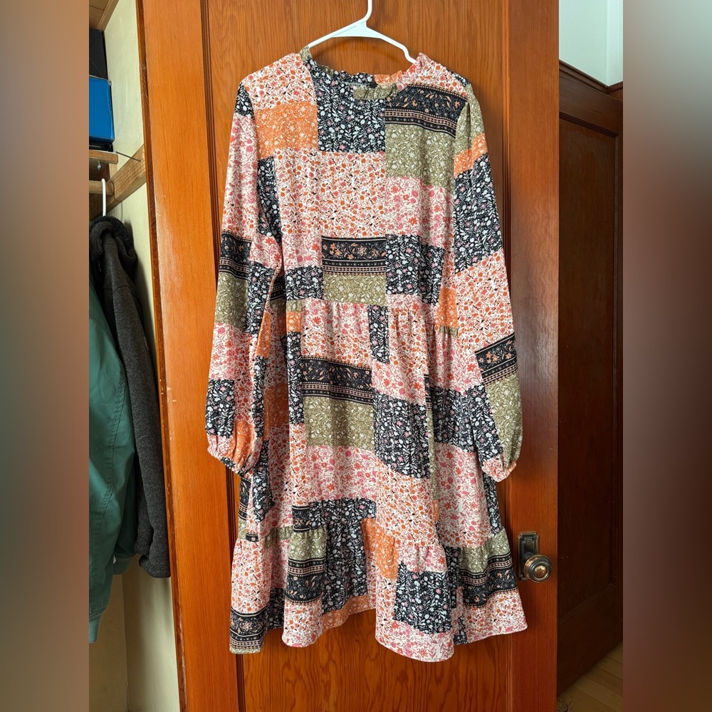 SHEIN Pink and Blue Long Sleeve Bishop Sundress